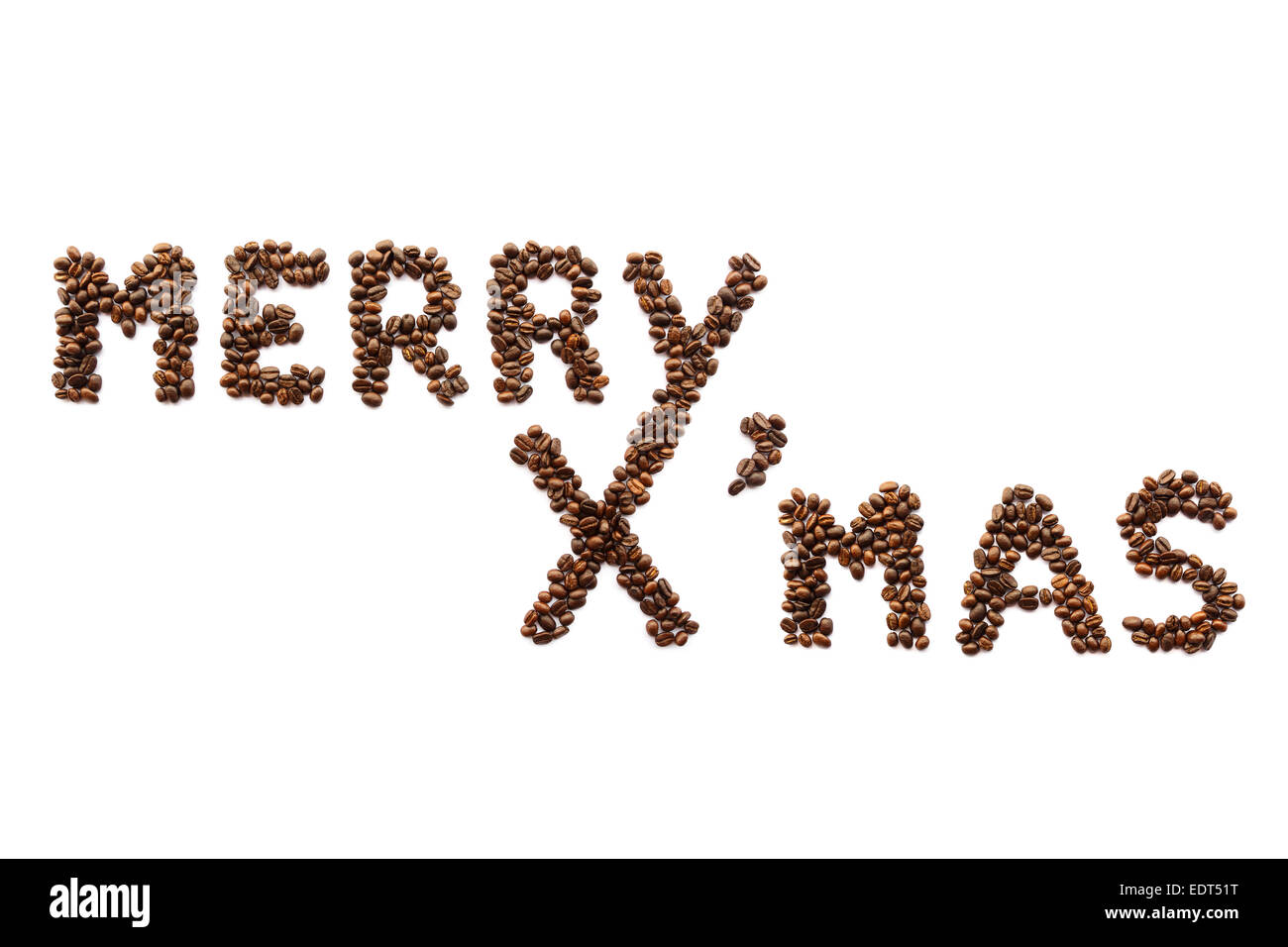 Merry X'mas (chicchi di caffè) su sfondo bianco (isolato) Foto Stock