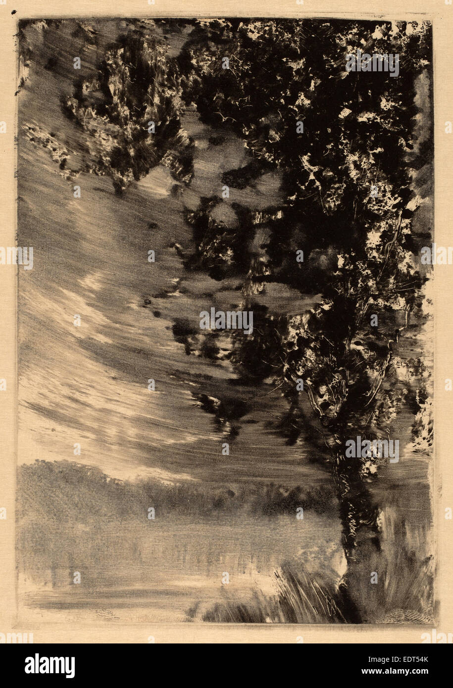 William Fowler Hopson, paesaggio al chiaro di luna con albero a destra, americano, 1849 - 1937, c. 1903, monotype Foto Stock