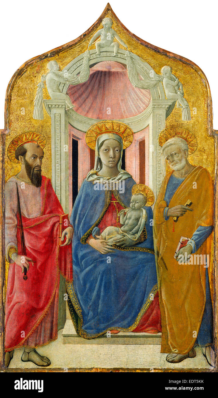 Domenico di Bartolo, Madonna in trono col Bambino tra i Santi Pietro e Paolo, Italiano, c. 1400-1447, c. 1430, tempera Foto Stock