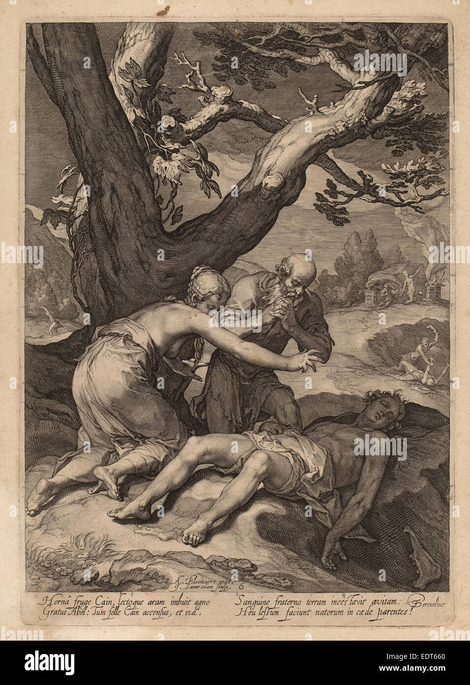 Jan Pietersz Saenredam dopo Abramo Bloemaert (Olandese, 1565 - 1607), Adamo ed Eva piange sopra il cadavere di Abele, 1604 Foto Stock