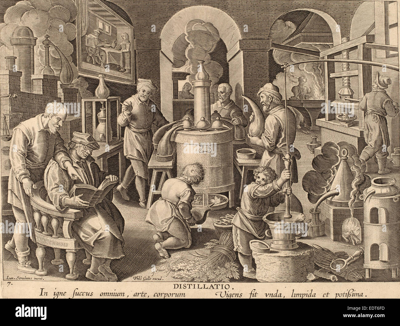 Theodor Galle dopo Jan van der Straet (fiammingo, c. 1571 - 1633), distillazione: pl.7, c. 1580-1590, incisione Foto Stock