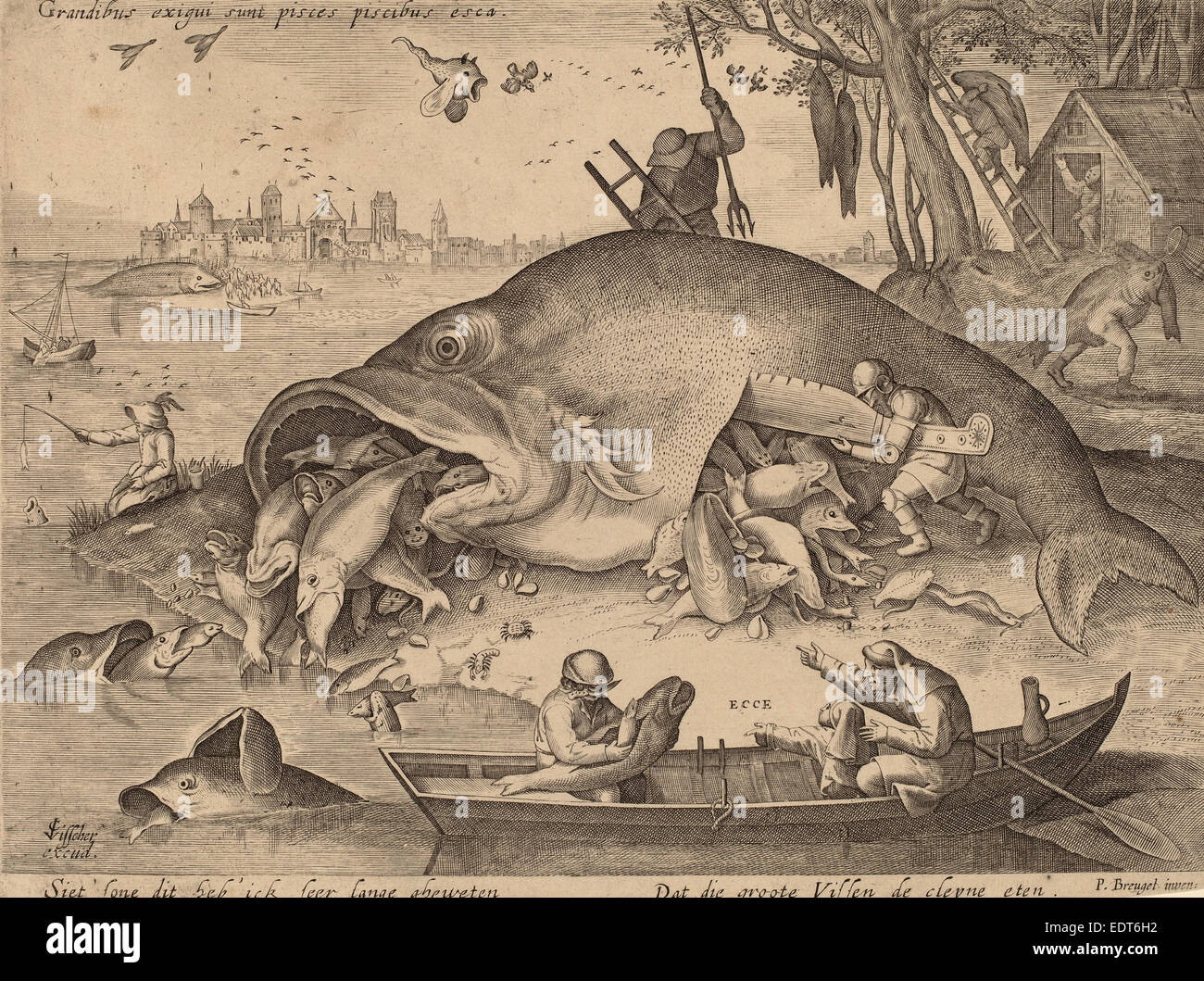 Hendrik Hondius dopo Pieter Bruegel il Vecchio (dopo Hieronymus Bosch? (Olandese, 1573 - 1649 o dopo), il grande pesce mangiare Foto Stock