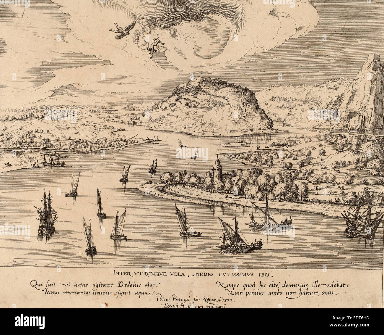 Simon Novellanus dopo Pieter Bruegel il Vecchio (tedesco, attivo c. 1560-1590), Paesaggio fluviale con la caduta di Icaro, 1553 Foto Stock