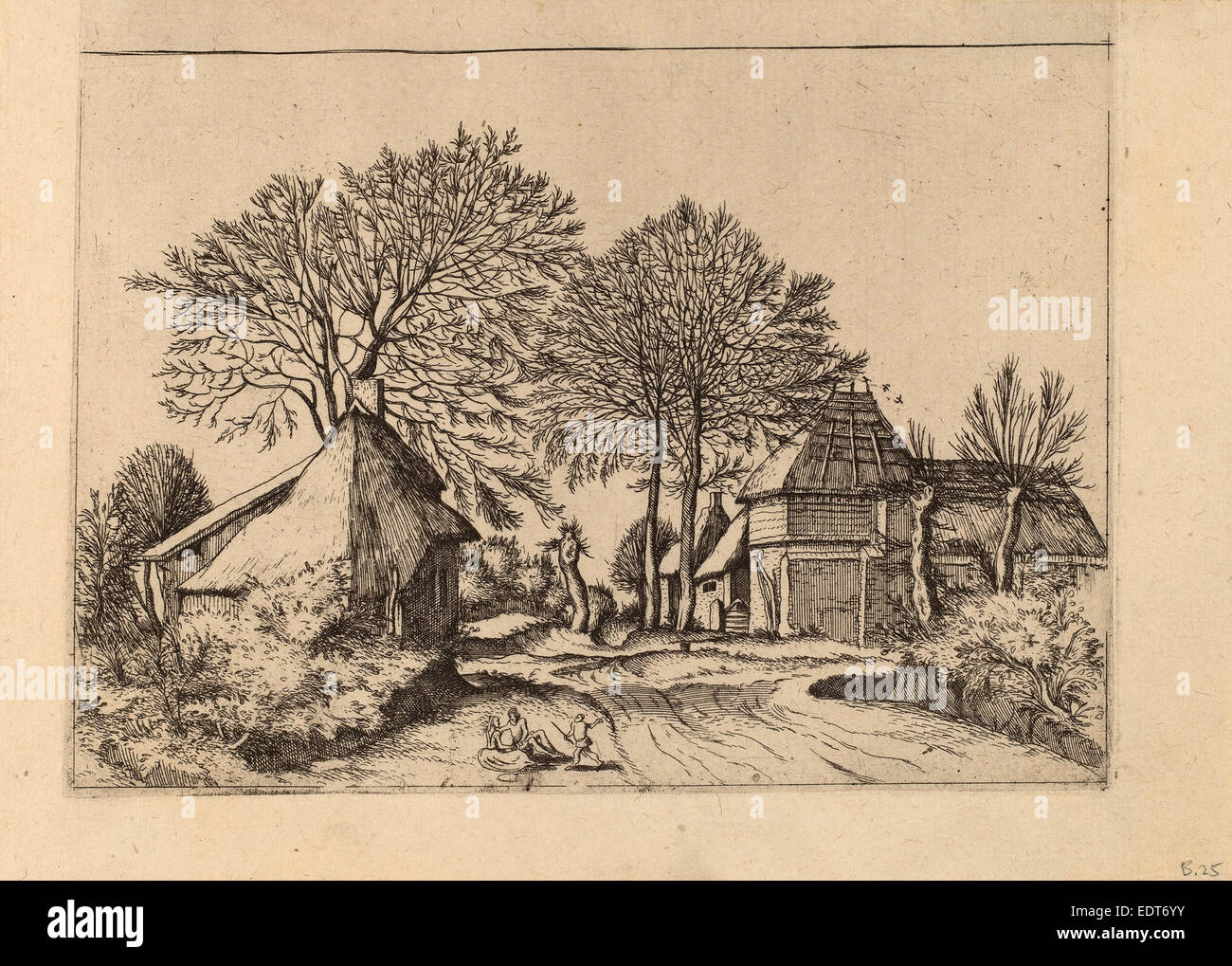 Johannes e Lucas van Doetechum dopo il Master del piccolo paesaggi (Olandese, morto 1605), Strada con fienile e Cottage Foto Stock