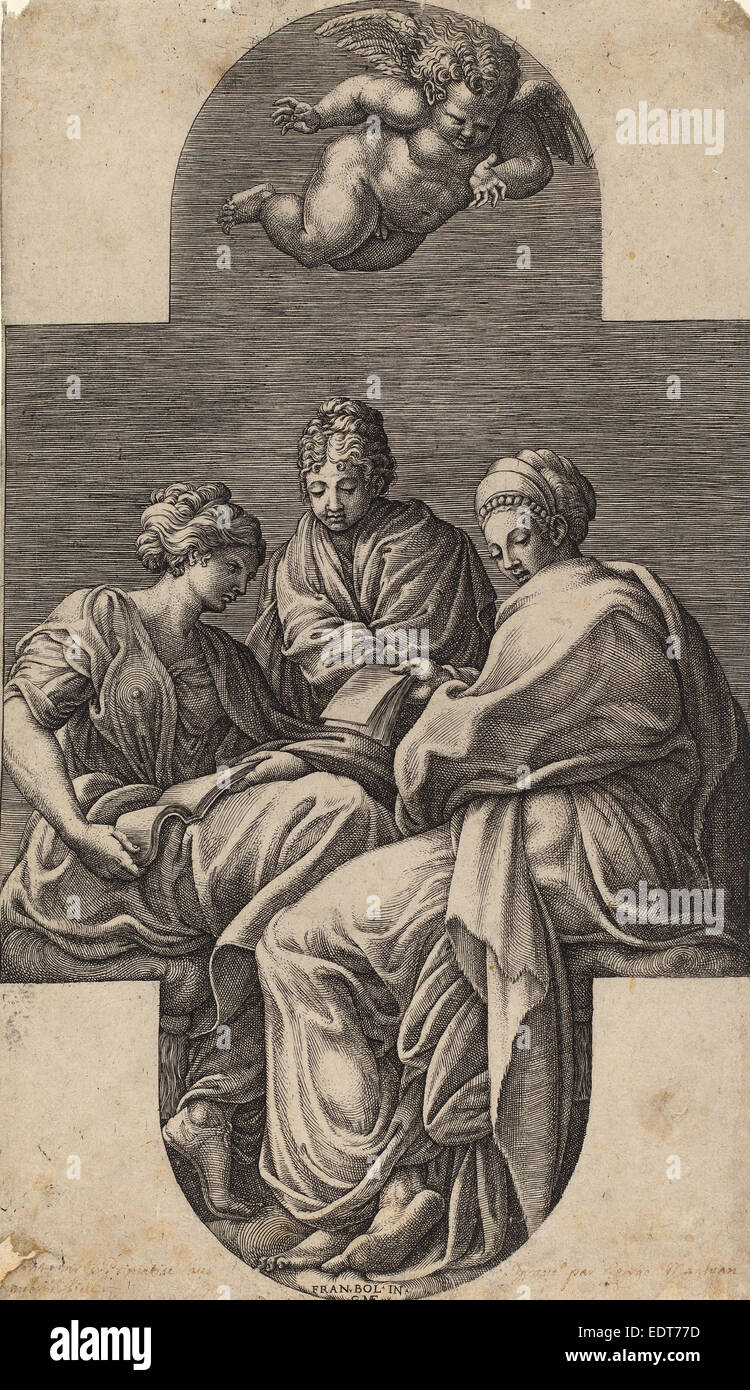 Giorgio Ghisi dopo Francesco Primaticcio (italiano, 1520 - 1582), tre muse e una gestualità Putto, 1560 s, incisione Foto Stock