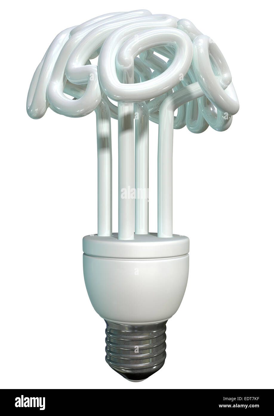 Una normale luce fluorescente lampadina nella forma di un cervello stilizzato isolato su un fondo bianco Foto Stock