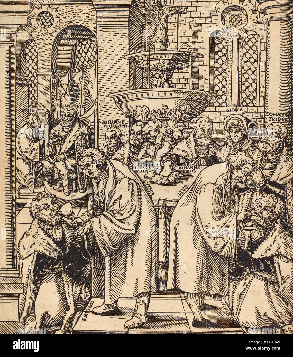 Lucas Cranach il Vecchio (tedesco, 1472 - 1553), i riformatori Lutero e Hus di dare la comunione ai principi Foto Stock