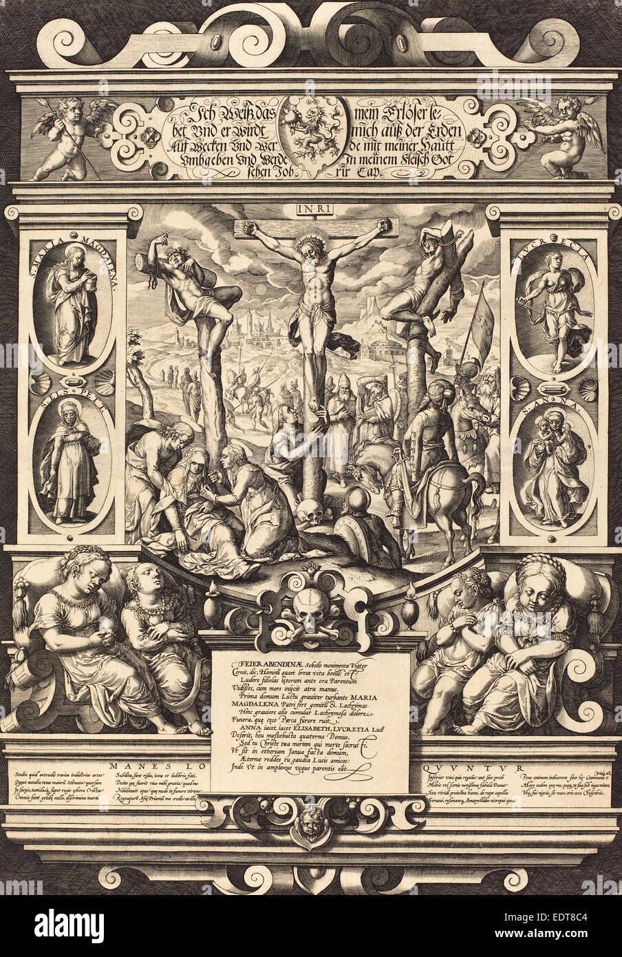 Il tedesco del XVI secolo, monumento funebre per le Figlie di Feuerabend, XVI secolo, incisione su due fogli uniti Foto Stock