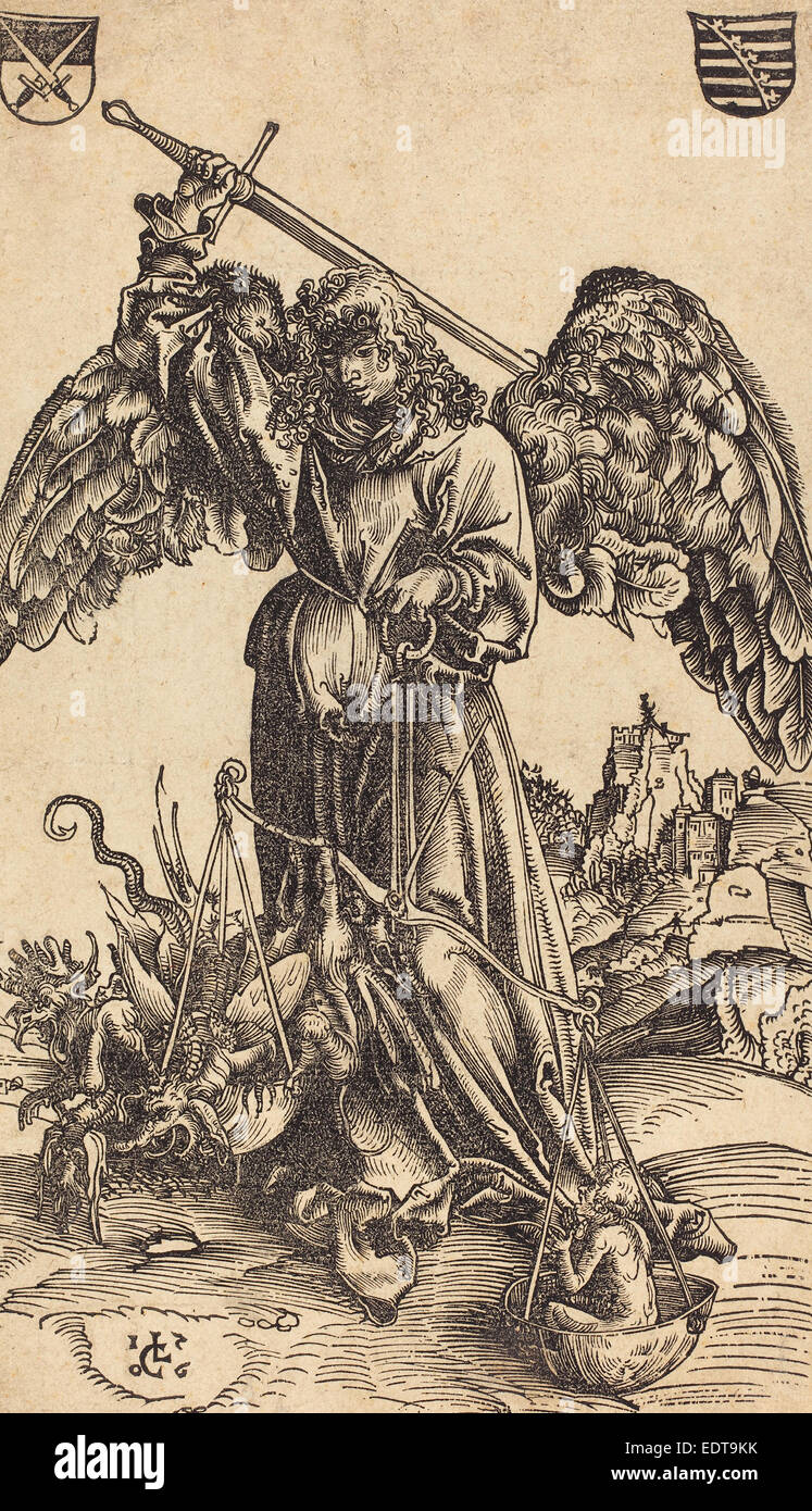 Lucas Cranach il Vecchio (tedesco, 1472 - 1553), l'Arcangelo Michele la pesatura di un anima, 1506, xilografia Foto Stock