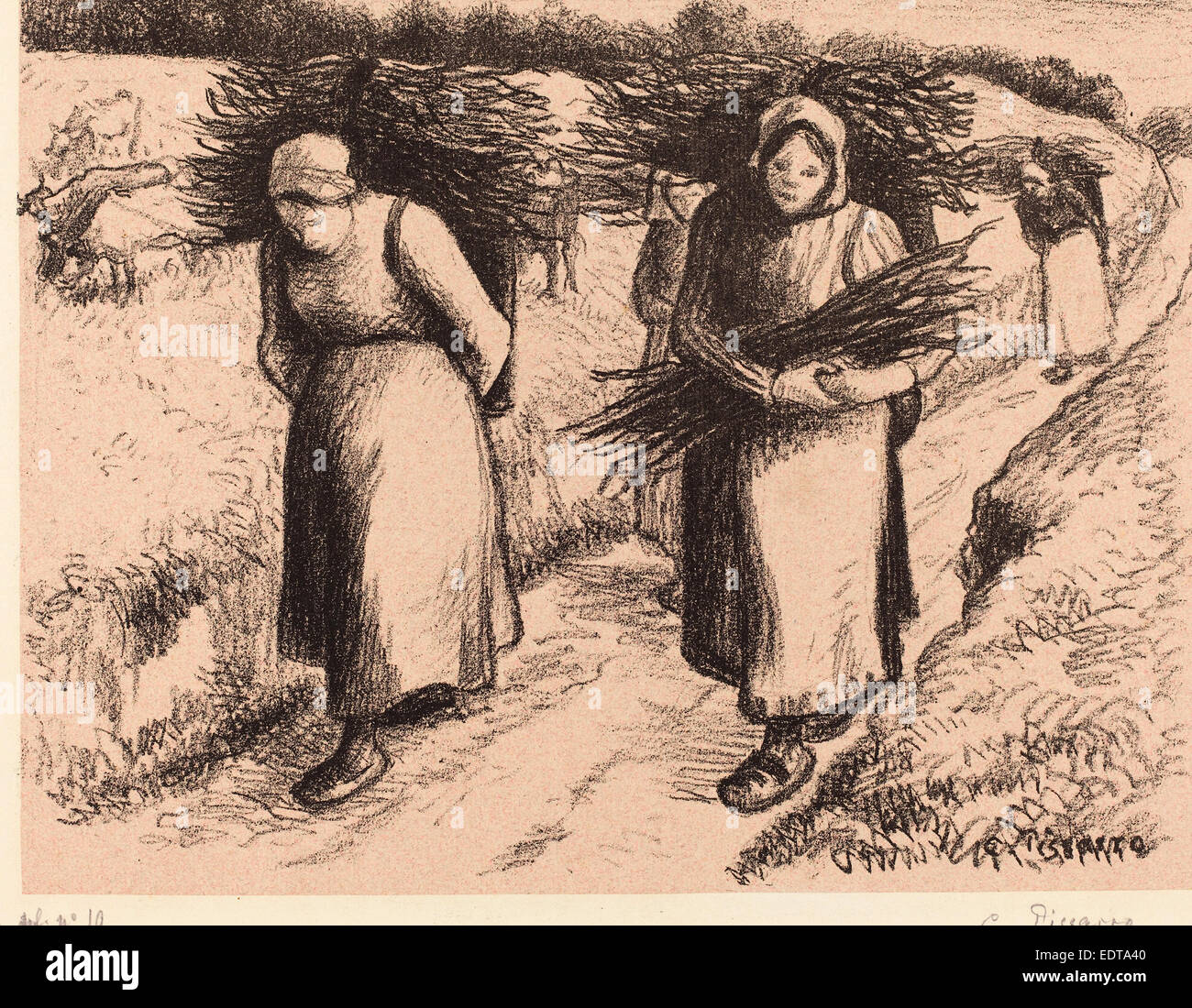 Camille Pissarro (francese, 1830 - 1903), di contadini che trasportano bastoni (Paysannes portant des fagots), 1896, litografia Foto Stock