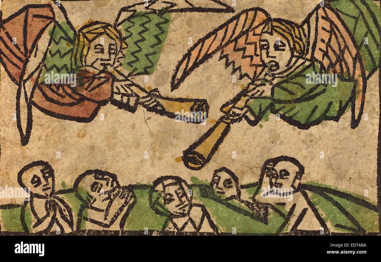 Il tedesco del xv secolo, la risurrezione dei morti, c. 1460-1470, xilografia, colorate a mano nel lago rosso, blu, verde, grigio e oro Foto Stock