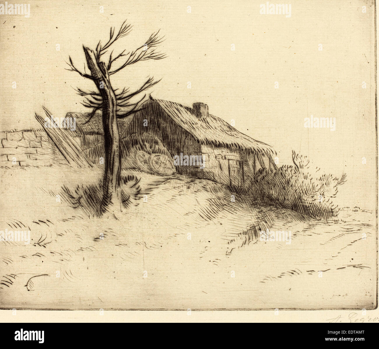 Alphonse Legros, cottage con il tetto di paglia (Chaumiere), francese, 1837 - 1911, incisione e puntasecca Foto Stock