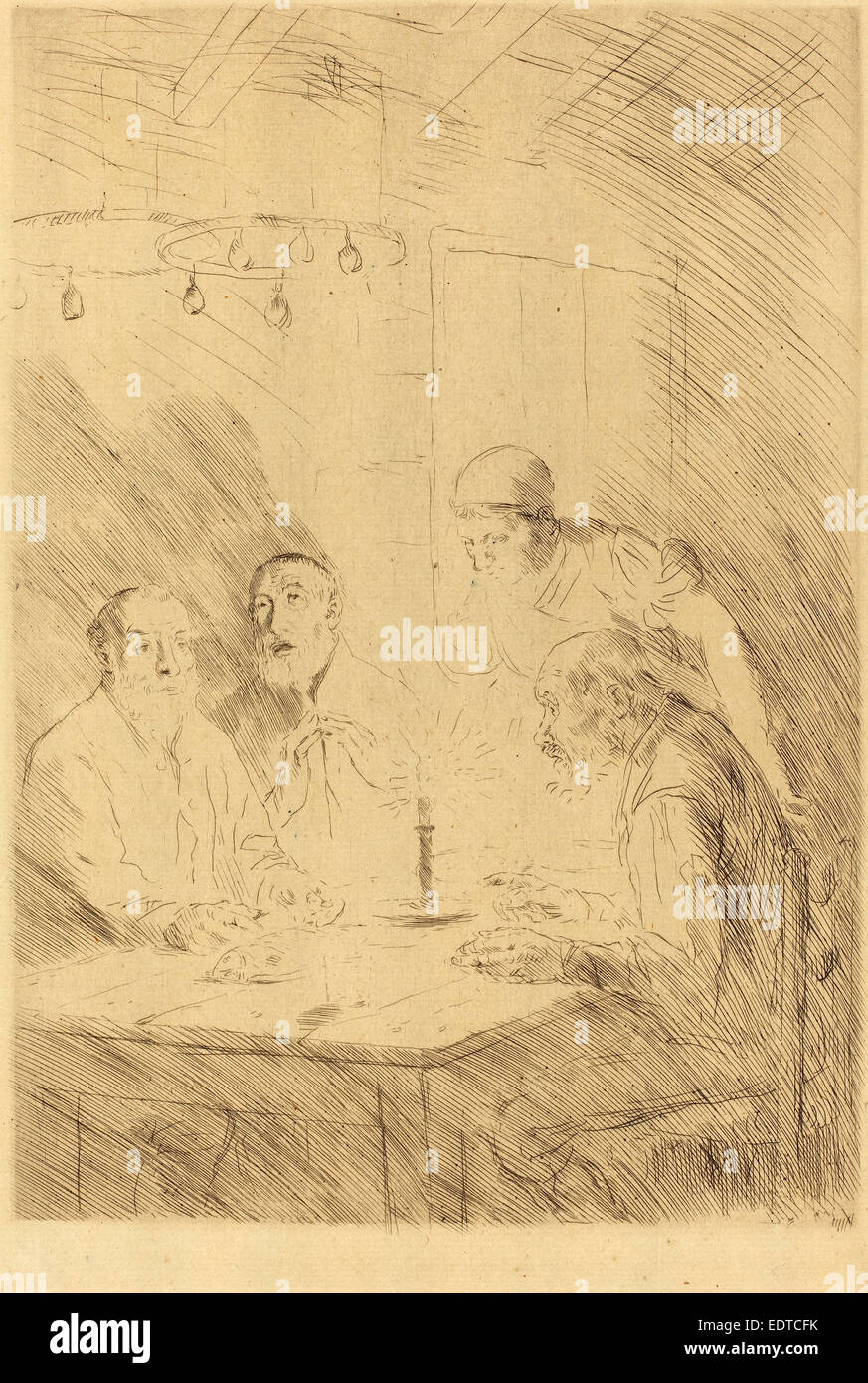 Alphonse Legros, cena dei poveri (Le souper chez misere), francese, 1837 - 1911, incisione e puntasecca su carta verde Foto Stock