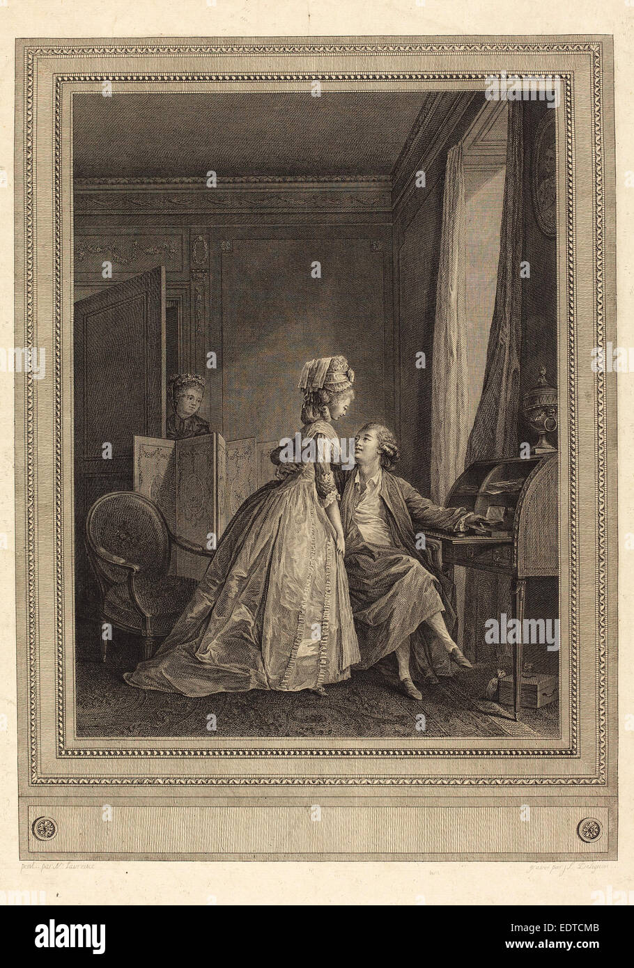Jean-Louis Delignon dopo Nicolas Lavreince (francese, 1755 - c. 1804), Les offres seduisantes, 1782, di attacco e di incisione Foto Stock