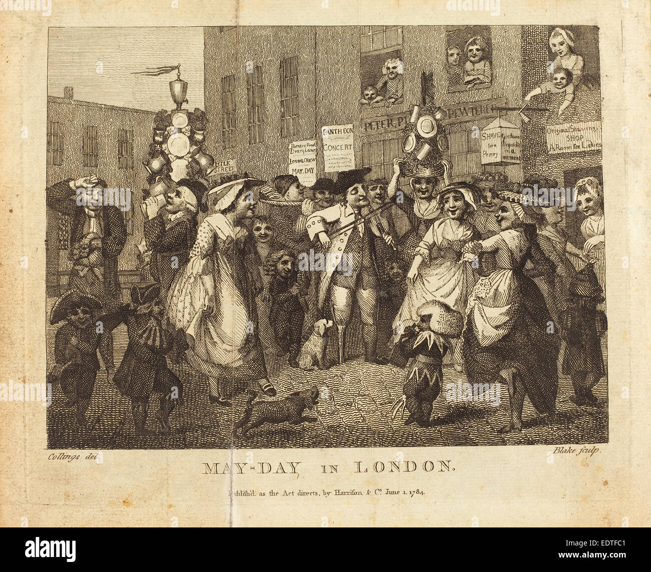 William Blake dopo Samuel Collings (British, 1757 - 1827), May-Day a Londra, 1784, incisione Foto Stock
