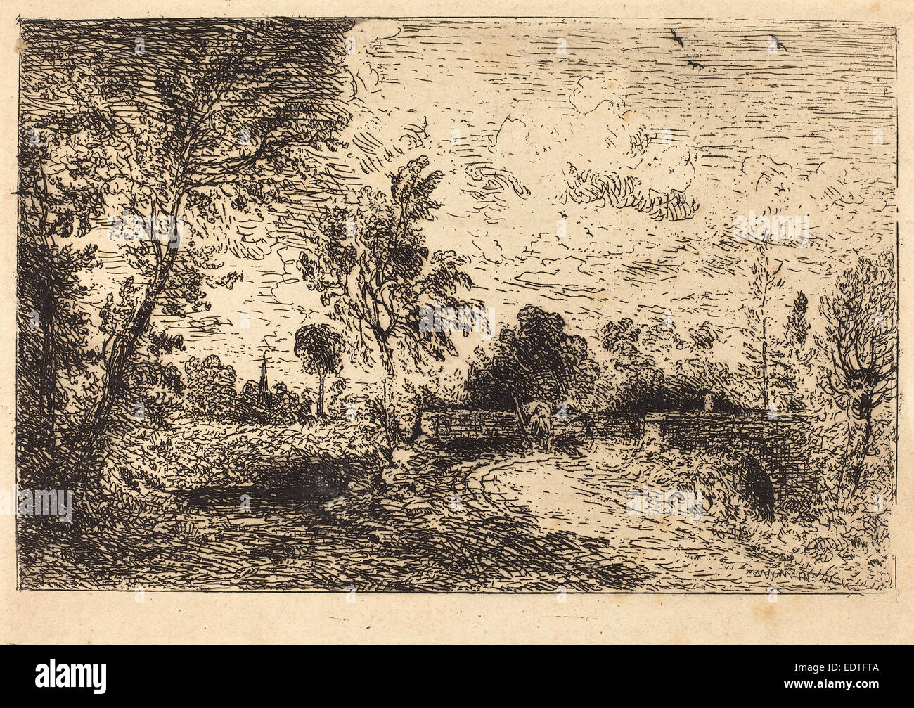 John Constable (British, 1776 - 1837), Milford Bridge, c. 1826, incisione su carta intessuta [primo stato] Foto Stock