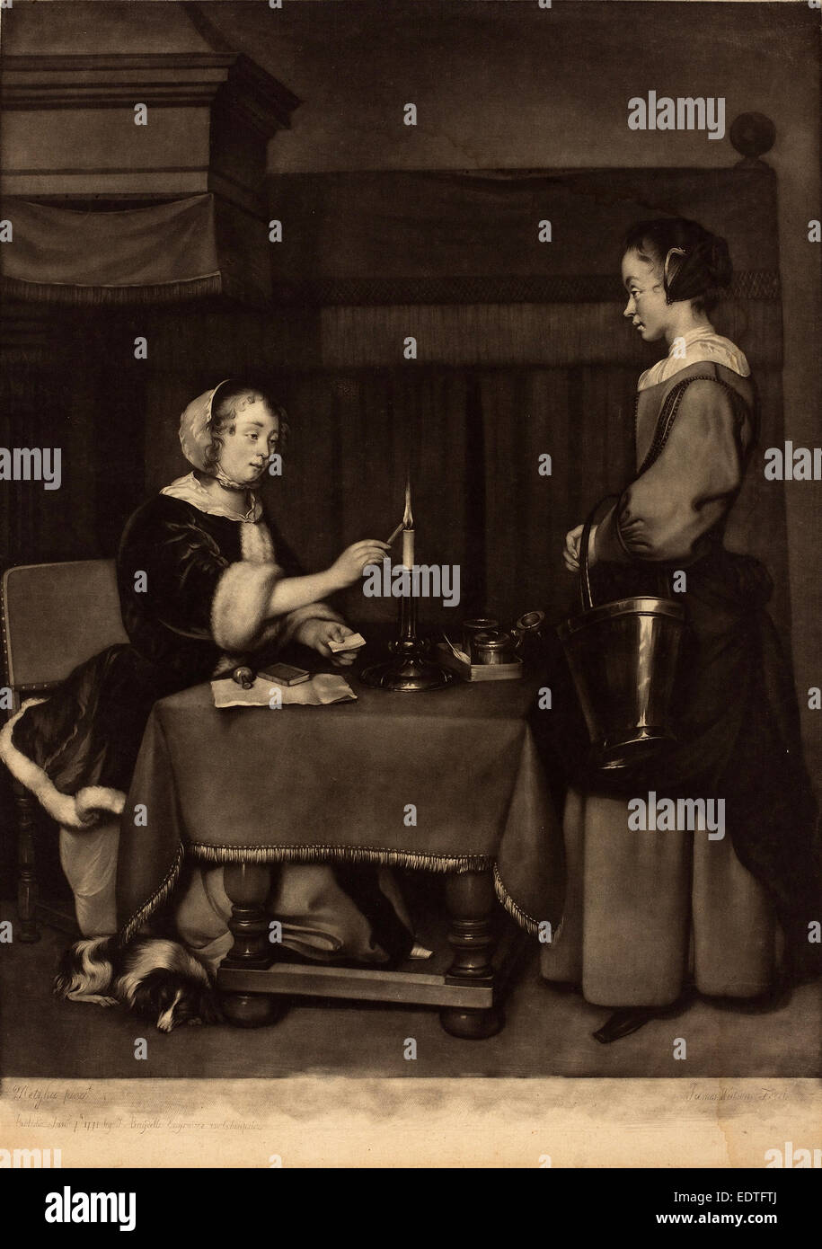 James Watson dopo Gabriel Metsu (British, 1719 - 1804), la femmina corrispondente, 1771, mezzatinta su cui la carta Foto Stock