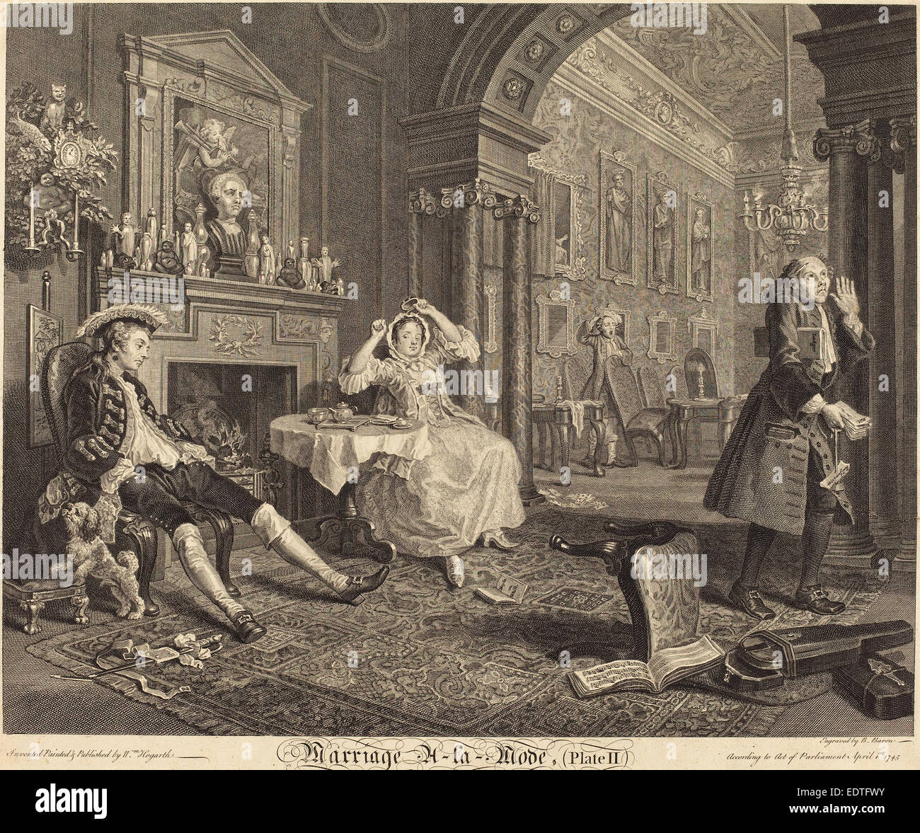 Bernard Barone dopo William Hogarth (francese, 1696 - 1762), il matrimonio a la Mode: pl. 2, 1745, di attacco e di incisione Foto Stock
