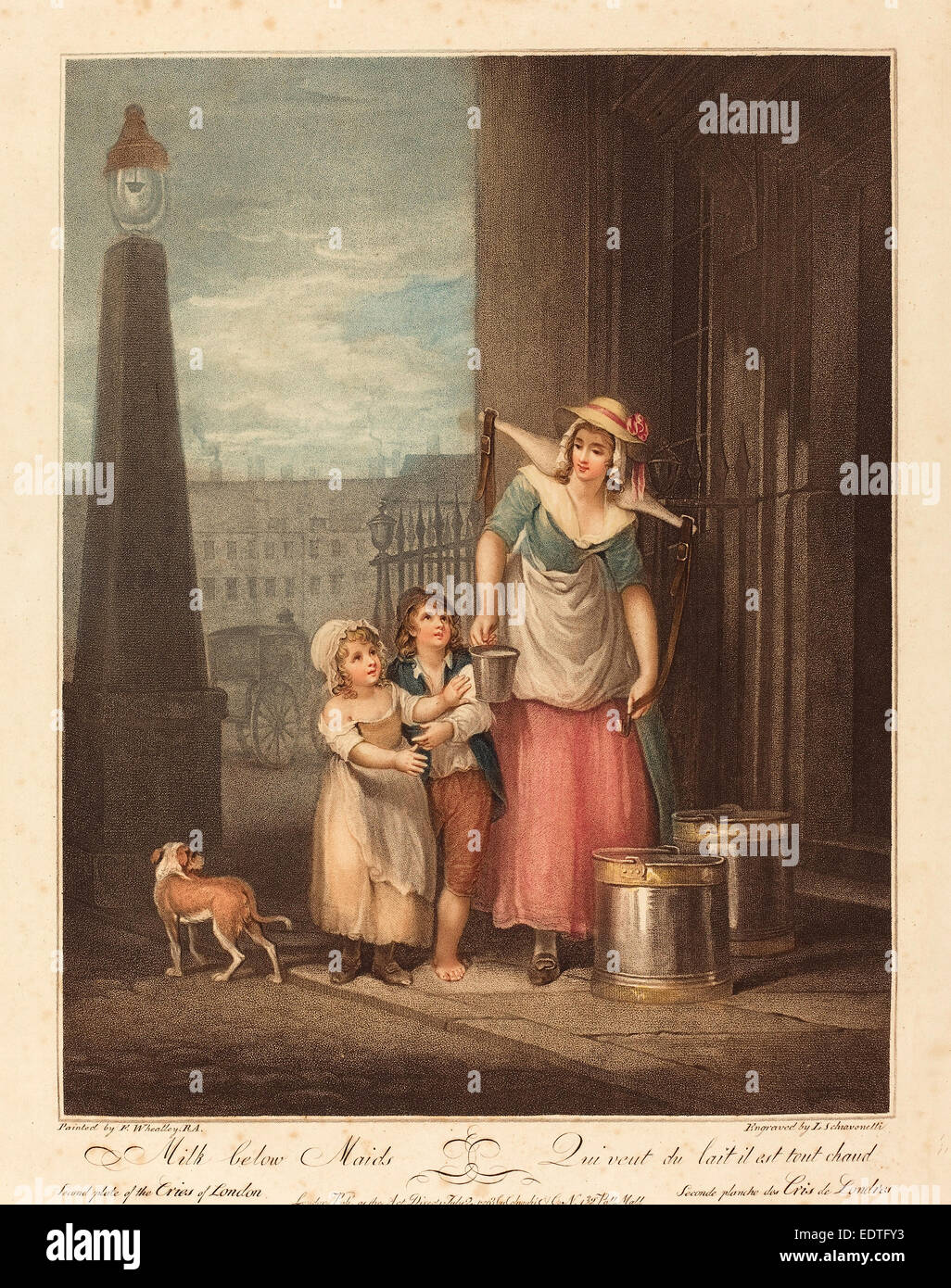 Luigi Schiavonetti dopo Francesco Wheatley (italiano, 1765 - 1810), latte al di sotto del cameriere, 1793, colore incisione da imbianchino Foto Stock