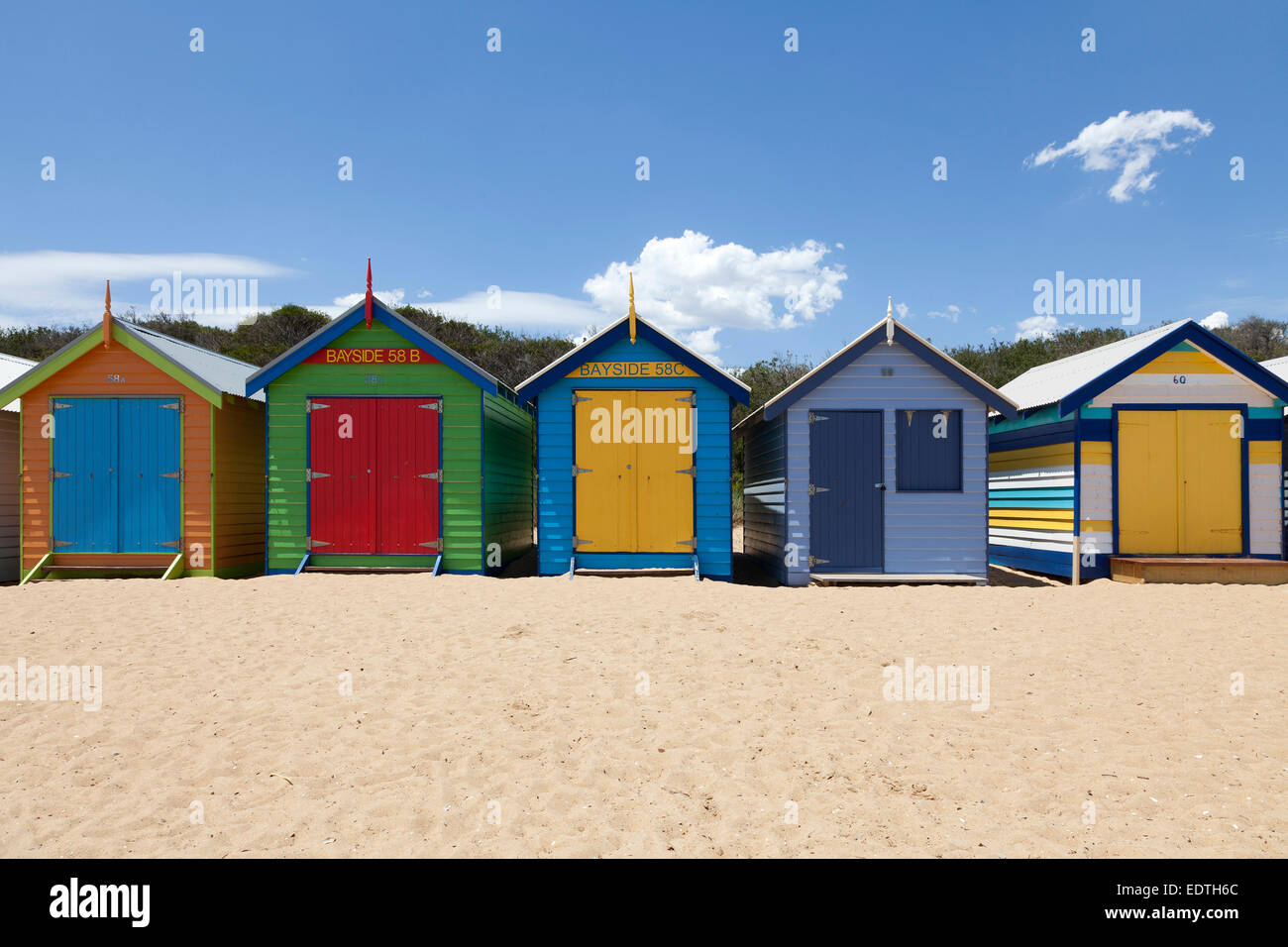 Dipinto di cabine sulla spiaggia, a Melbourne la spiaggia di Brighton, Australia Foto Stock