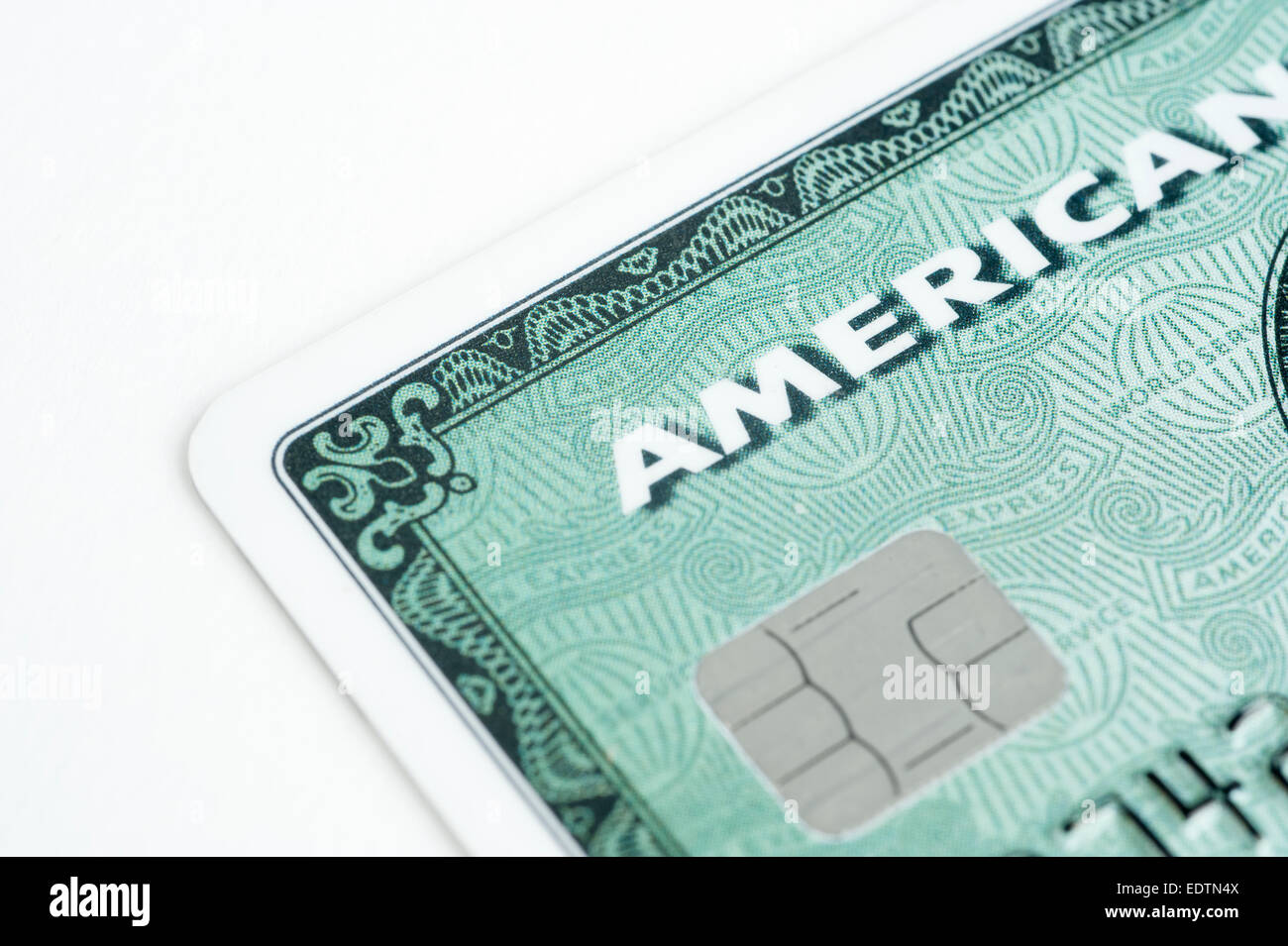 Close-up di carta American Express che mostra una carta a circuito integrato (ICC) chip Foto Stock