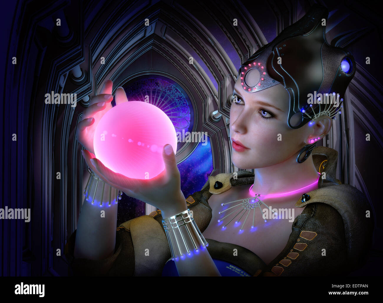 Computer grafica 3D di un ritratto di una donna con abiti e gioielli in science fiction stile e un incandescente palla in mano Foto Stock