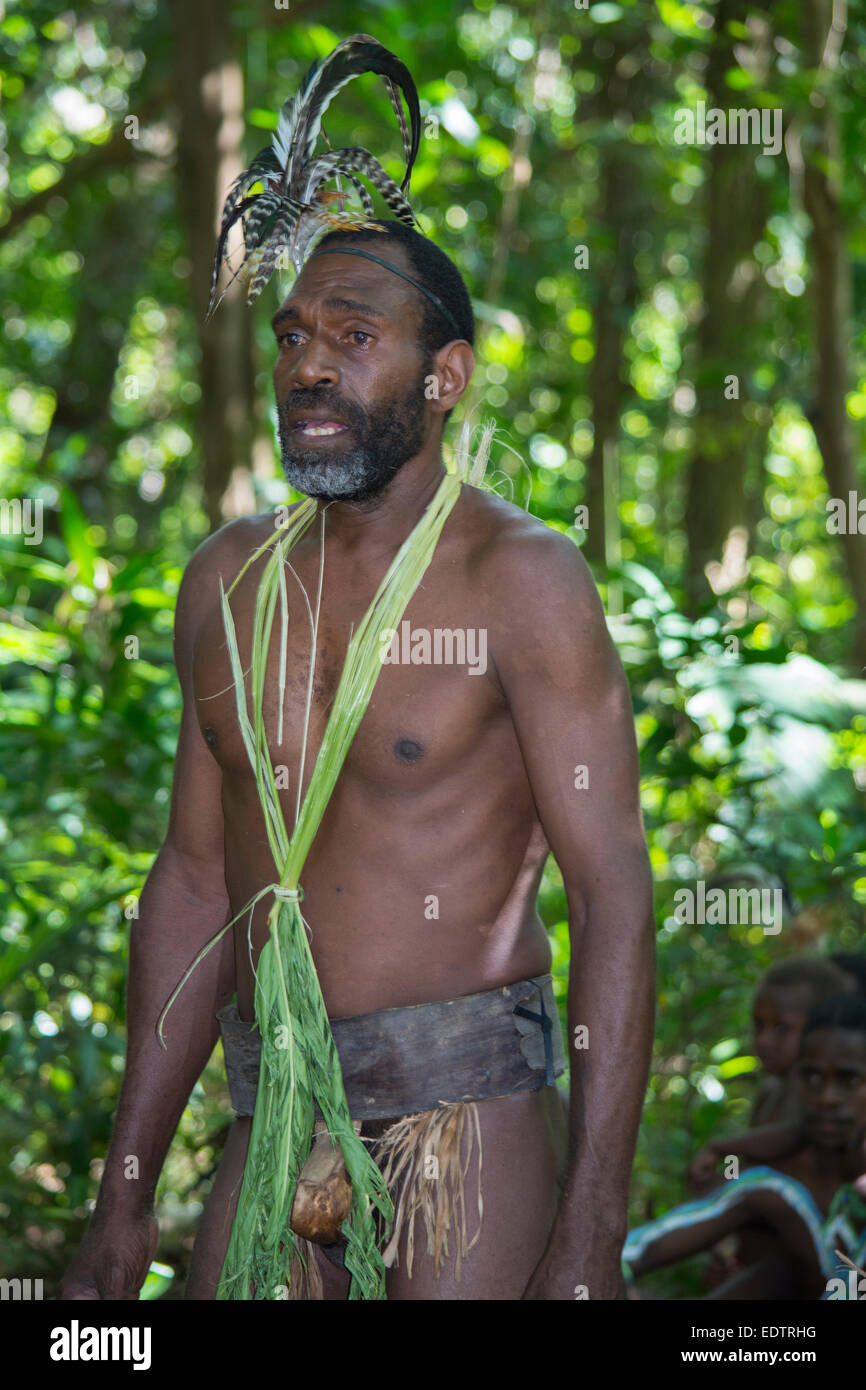 La Melanesia, Vanuatu, Rano isola. Villaggio uomo indossare copricapo di piume in habitat della foresta. Foto Stock