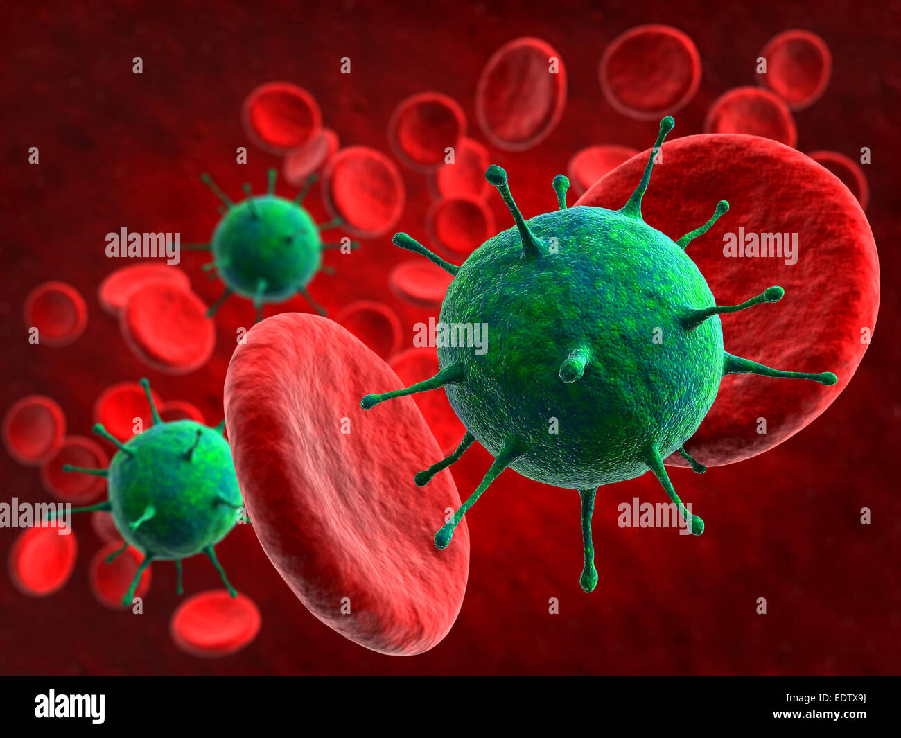 3D render di virus e cellule di sangue rosse in background Foto Stock