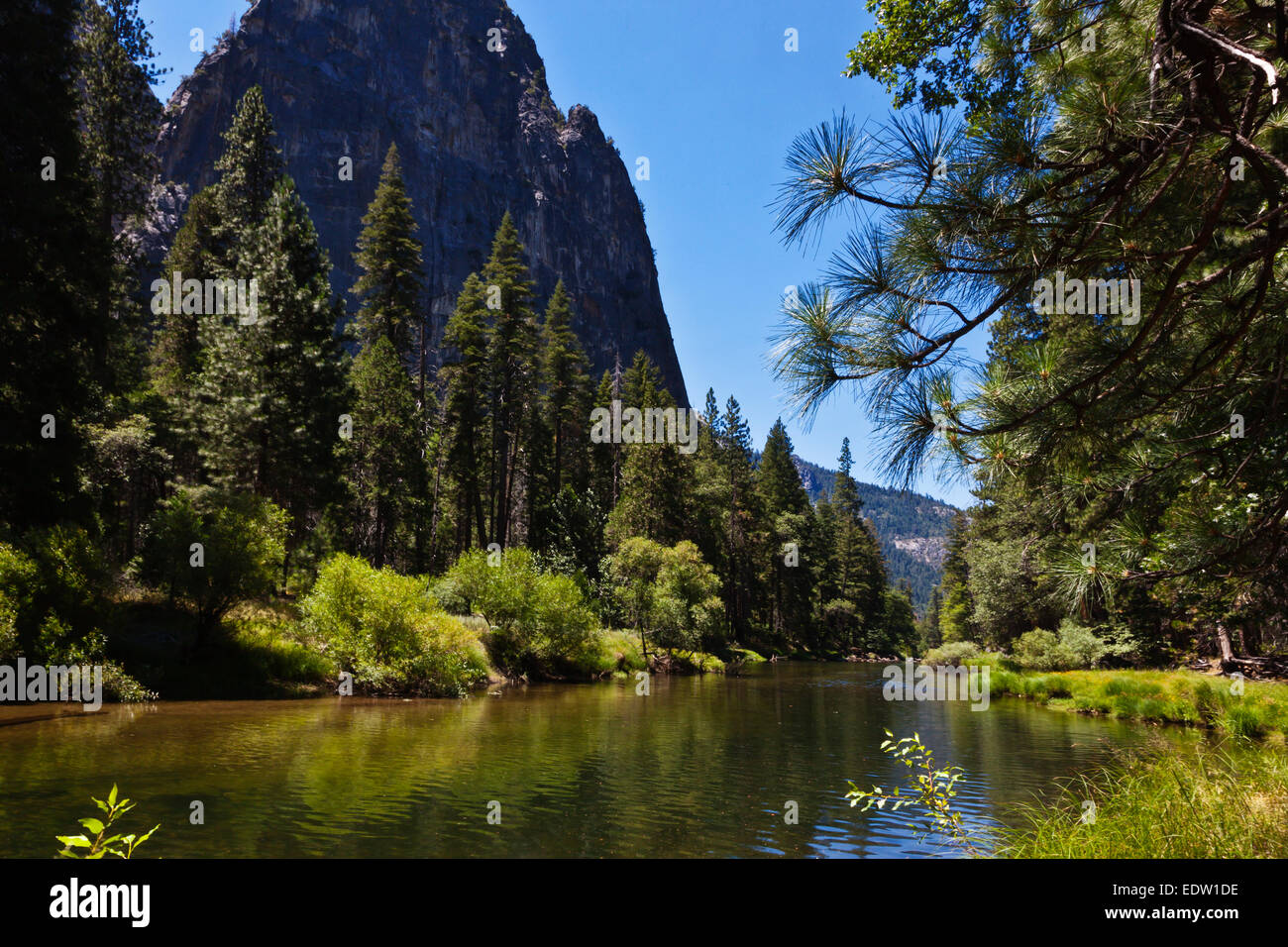 Il fiume Merced si snoda attraverso la valle di Yosemite in primavera - California Foto Stock
