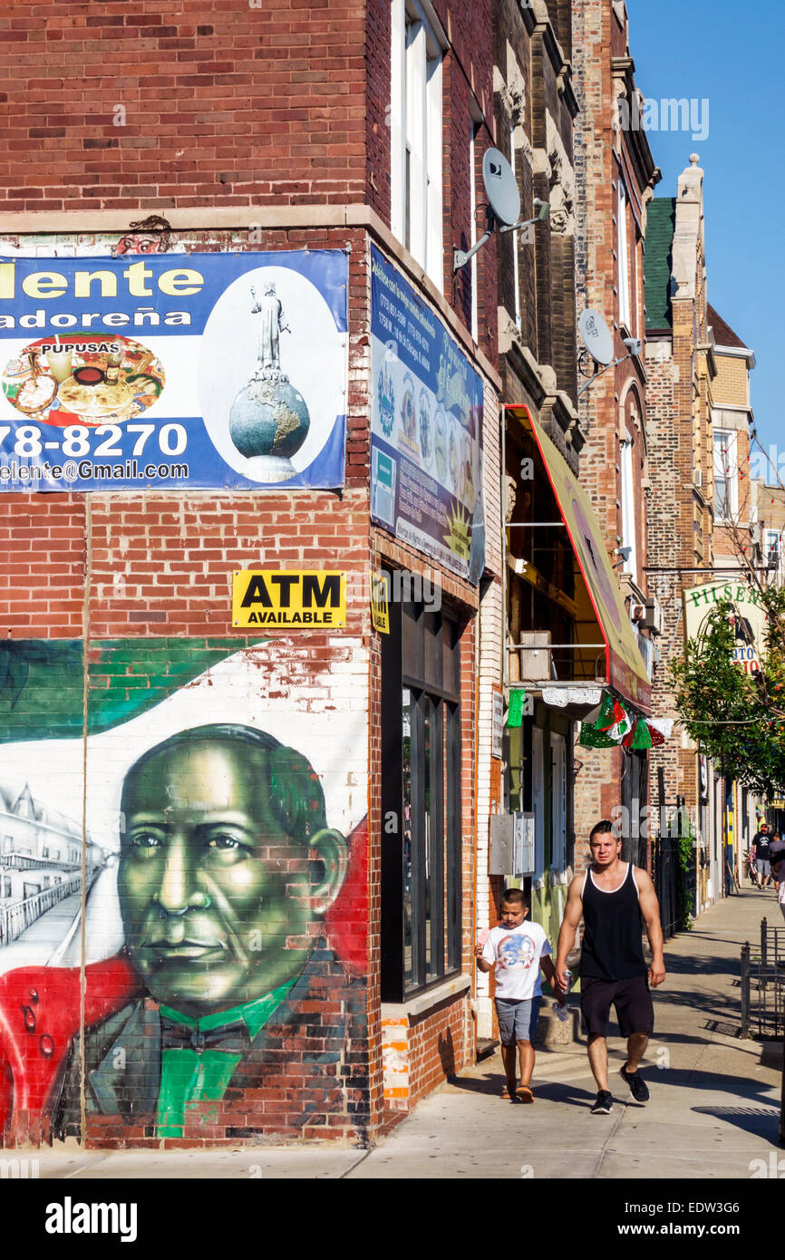 Chicago Illinois,Lower West Side,West 18th Street,murale,presidente messicano Benito Pablo Juárez García,colori bandiera,uomo ispanico uomini maschio,ragazzo ragazzi c Foto Stock