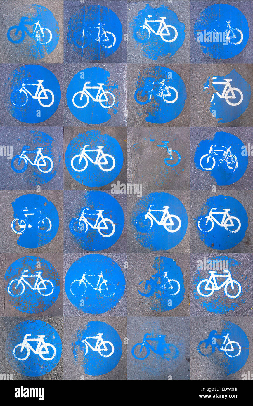 I cartelli stradali per il percorso in bicicletta, dipinta sul marciapiede, usurati, collage, composizione, Foto Stock