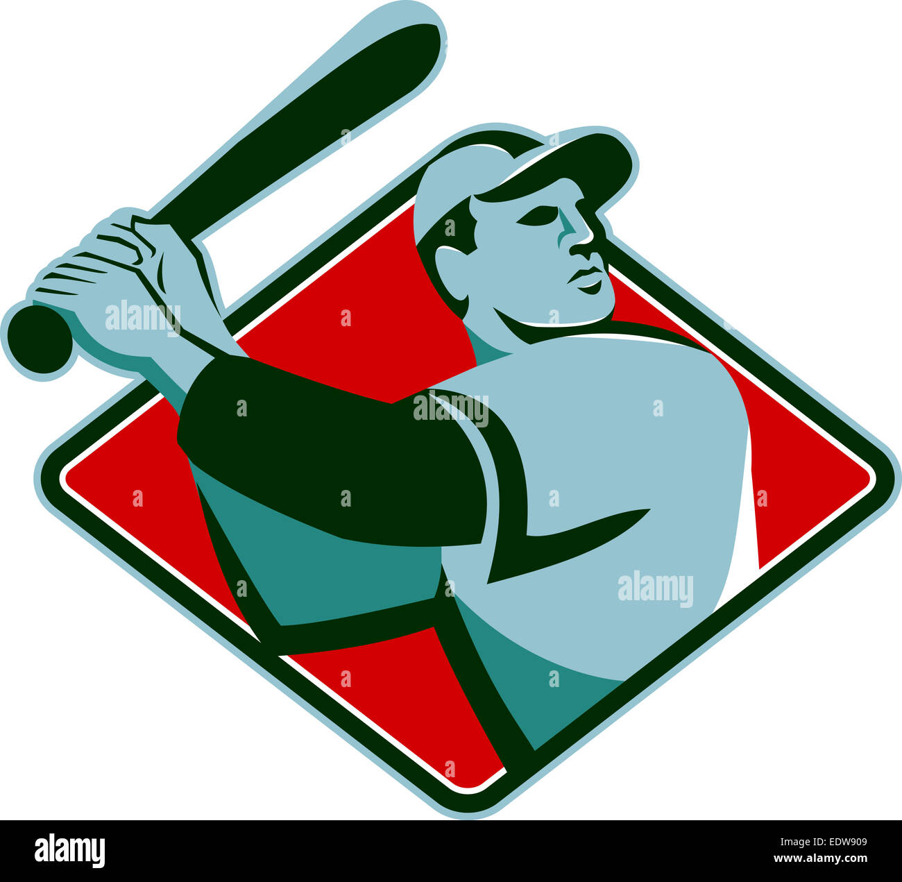 Illustrazione di un giocatore di baseball con bat batting insieme all'interno a forma di diamante fatto in stile retrò. Foto Stock