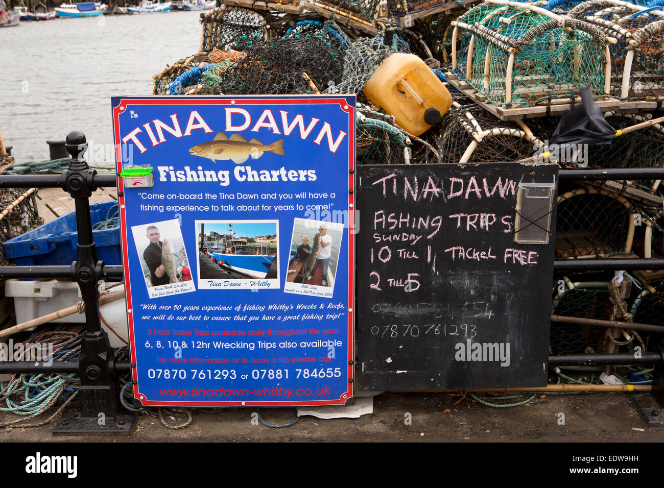 Regno Unito, Inghilterra, nello Yorkshire, Whitby, New Quay, segno pubblicità Tina Alba pesca barca charter viaggi Foto Stock