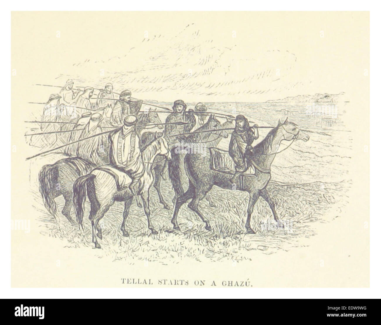 Un'illustrazione del 1879 di Blunt intitolata *Tellal inizia su un Ghazu*, probabilmente raffigurante una scena militare o storica legata al Ghazu, una forma di guerra di razziamento. L'opera d'arte ritrae l'inizio di questo tipo di raid in un contesto storico. Foto Stock