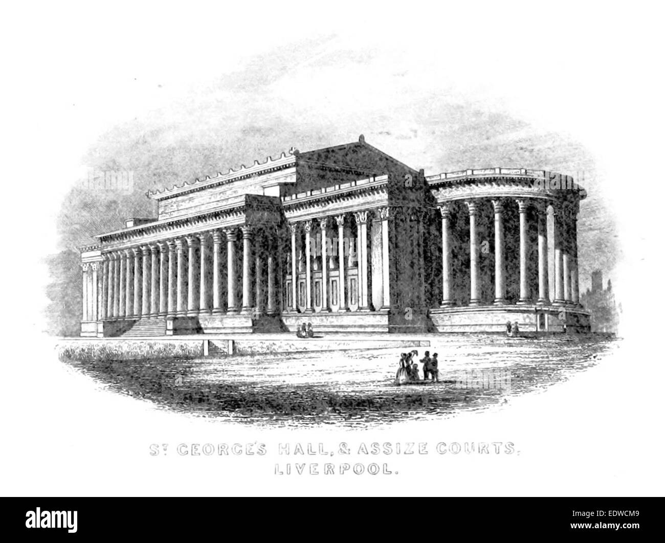 Questa illustrazione del 1854 di Bradshaw mostra la St. George's Hall e Assize Courts di Liverpool, un esempio significativo di architettura neoclassica del XIX secolo. Foto Stock