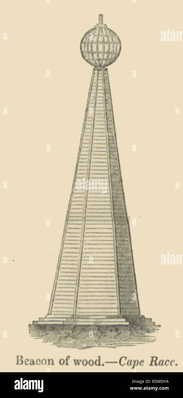 Una rappresentazione del 1863 tratta dal lavoro di Gordon sui fari, concentrandosi su Cape Race, Terranova. L'illustrazione mostra le caratteristiche architettoniche di questa fondamentale struttura marittima. Foto Stock