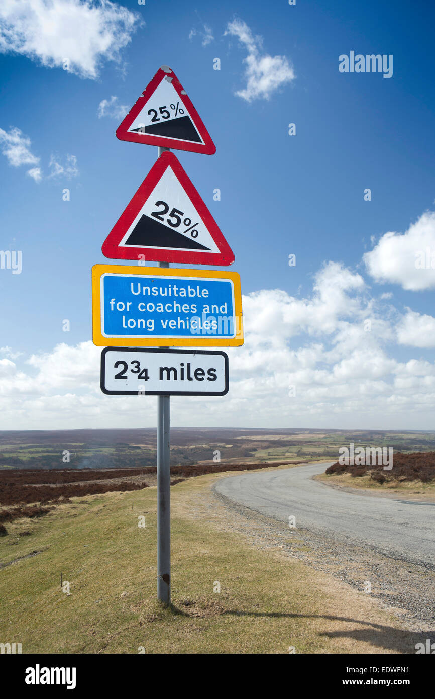 Regno Unito, Inghilterra, Yorkshire, Goathland, lande ripida strada inadatta per allenatori segno Foto Stock