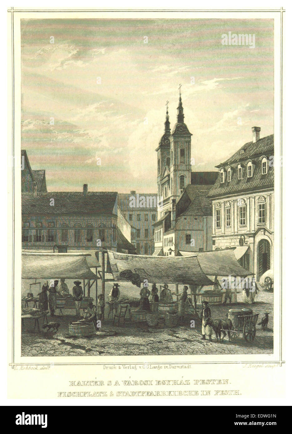 Questa illustrazione del 1859 di Hunfalvy e Rohbock raffigura Fischplatz (Piazza del pesce) e la Stadpfarrkirche (Chiesa parrocchiale) a Pest, ora parte di Budapest, Ungheria. L'immagine mette in evidenza l'architettura storica della chiesa e il suo ruolo centrale nella vita sociale della città durante il XIX secolo. Foto Stock