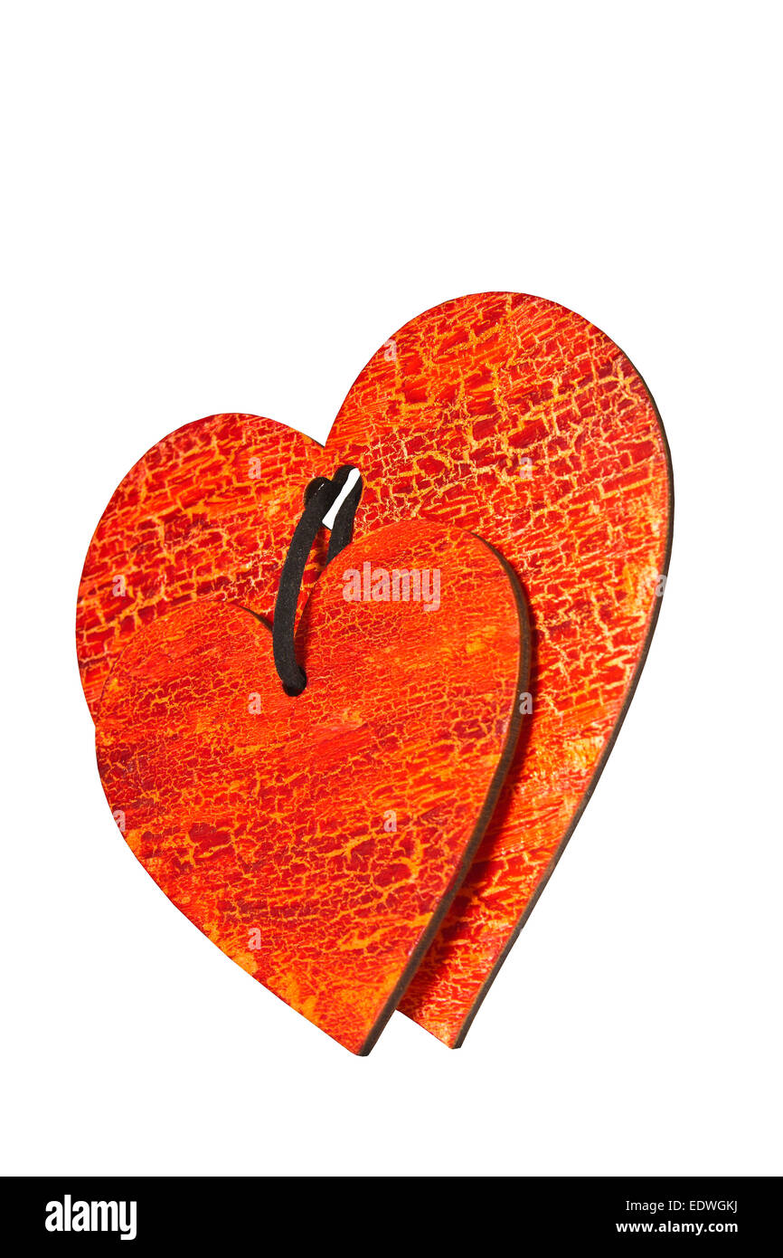 Cuore in legno dipinto in rosso con peeling texture in stile vintage Foto Stock