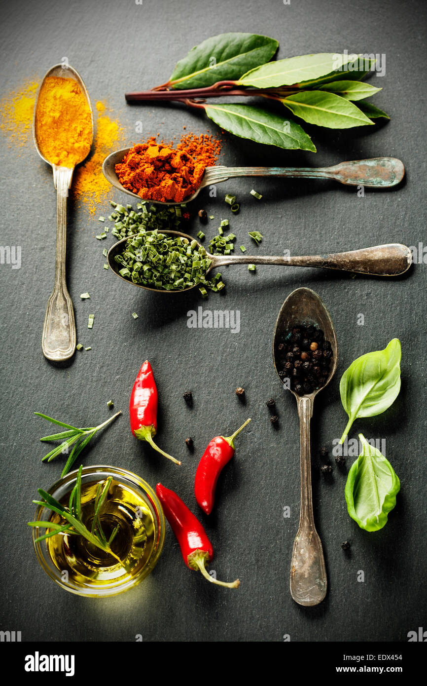 Erbe e spezie - selezione di erbe e di spezie, vecchi cucchiai di metallo e ardesia di sfondo - cucinare, mangiare sano Foto Stock