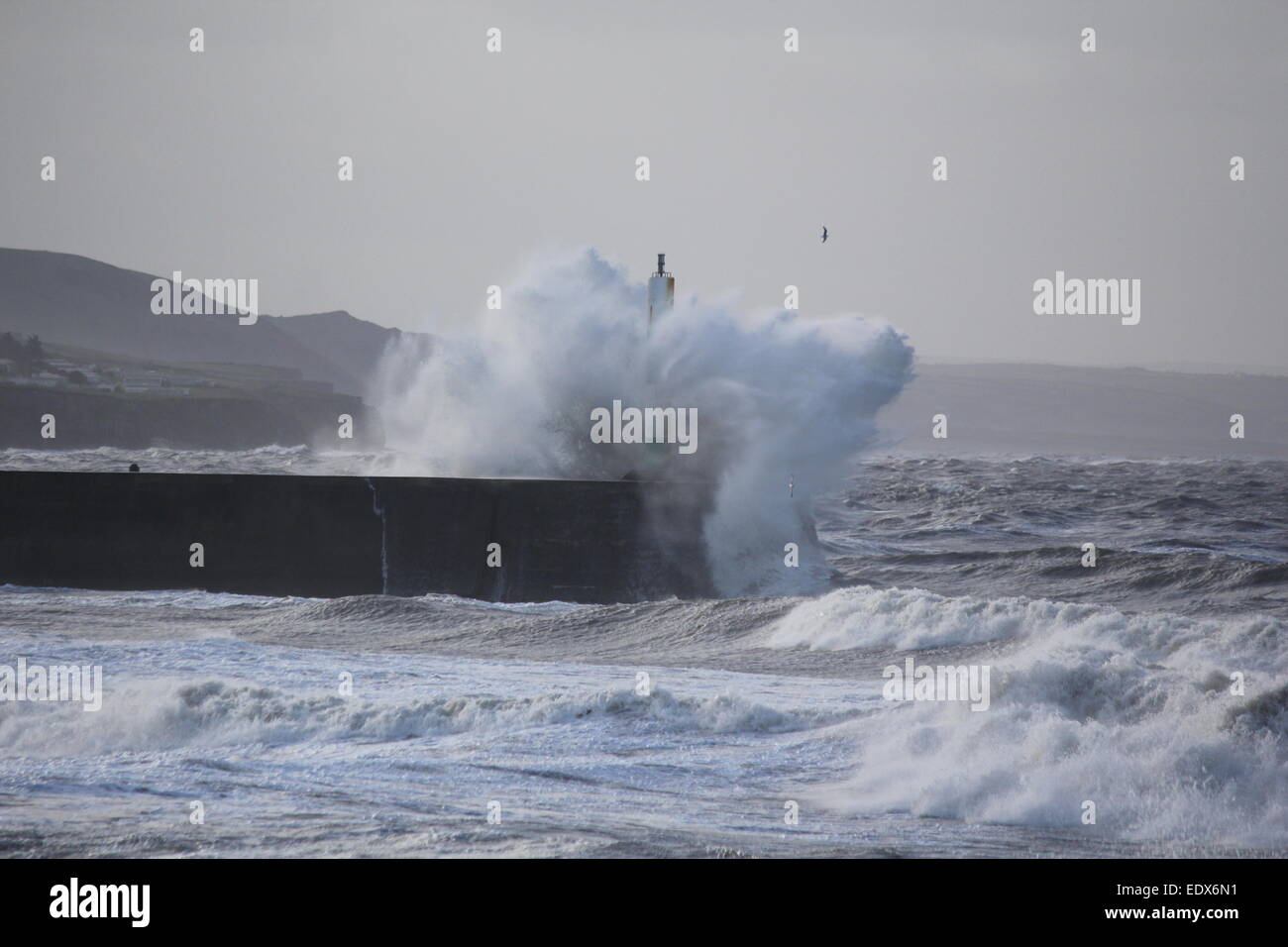 Aberystwyth West Wales UK.. Gale force winds & arrabbiato mari pastella il litorale. Foto Stock