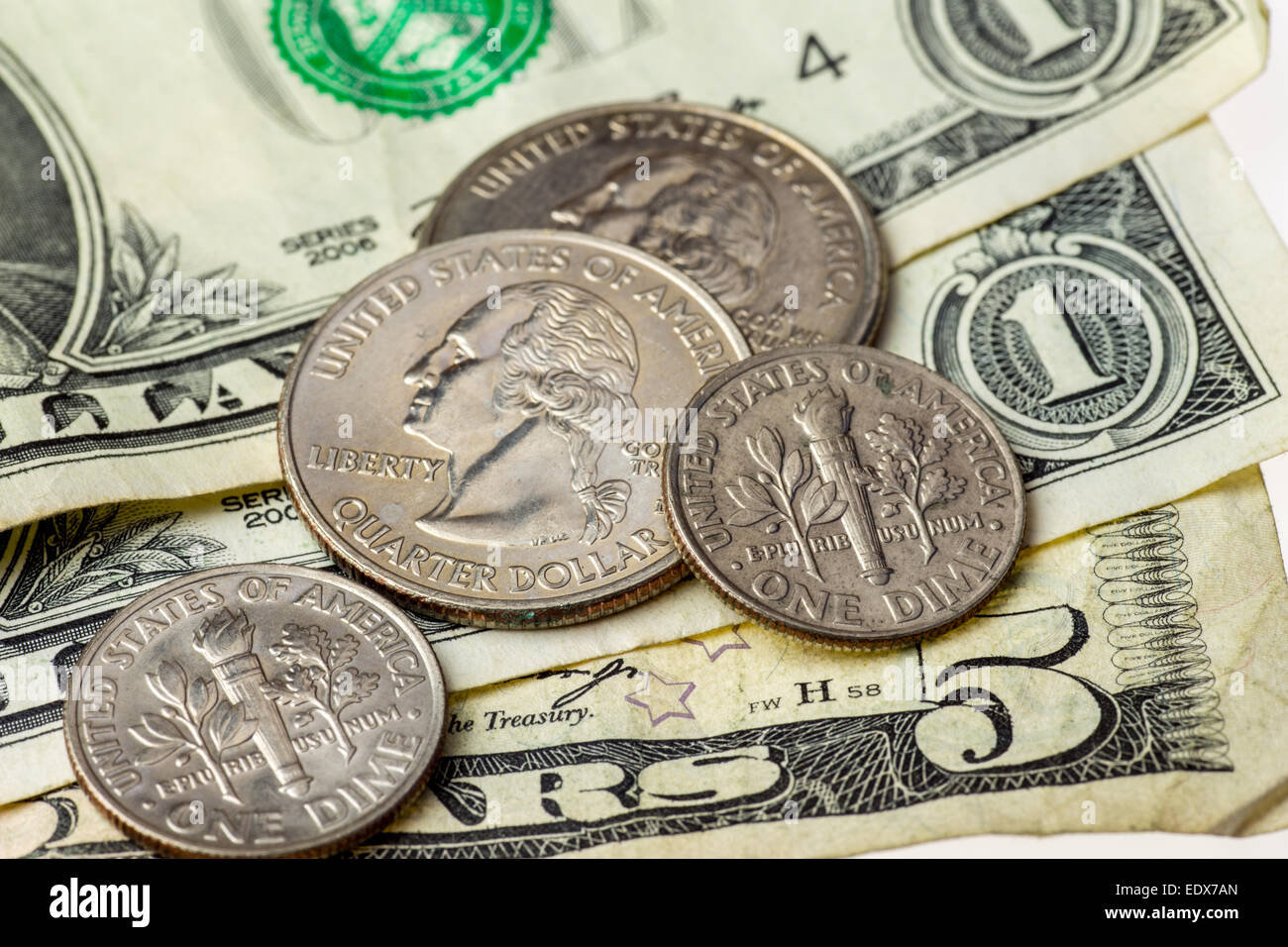Dollaro americano banconote e monete Foto Stock