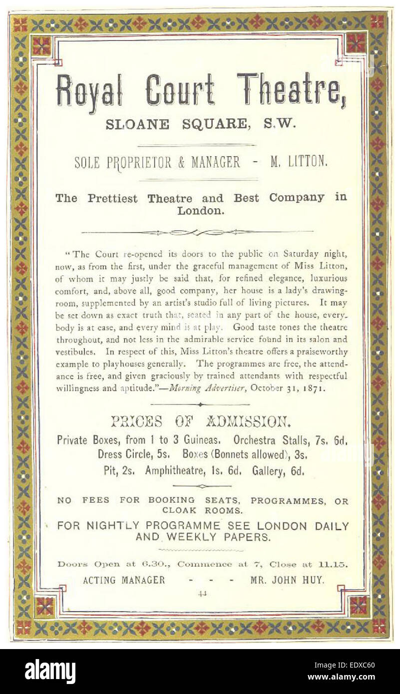 Questa illustrazione di *London Illustrated* mostra una pubblicità per il Royal Court Theatre, evidenziando il suo ruolo nella scena di intrattenimento londinese durante il XIX secolo. Foto Stock