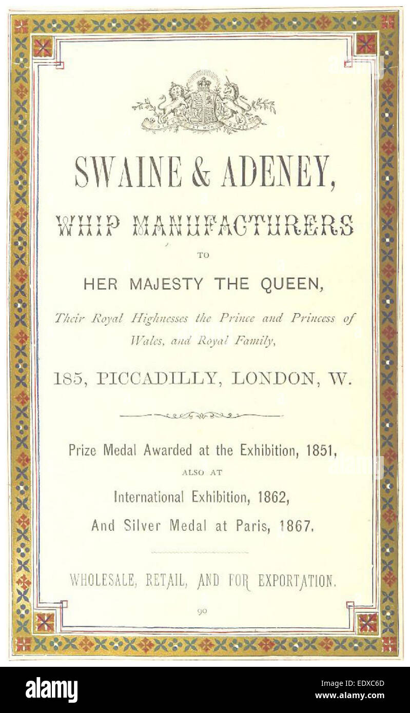 Una pubblicità del XIX secolo da *London Illustrated* che mostra il marchio Swaine & Adeney, un rinomato produttore britannico di pelletteria di lusso. Questo annuncio mette in evidenza i prodotti e l'artigianalità dell'azienda. Foto Stock
