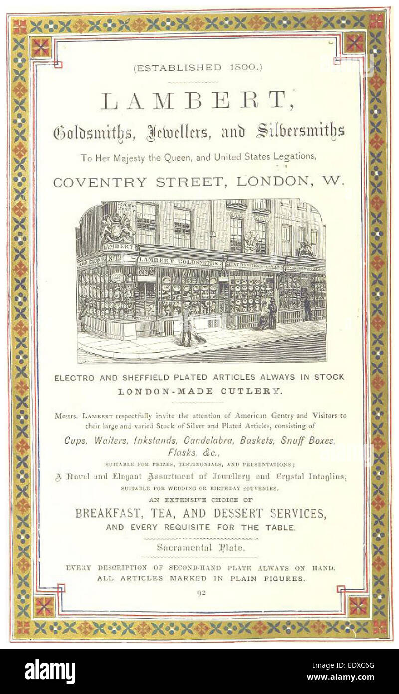 La pubblicità del XIX secolo di London Illustrated con "Lambert" mette in mostra pubblicità storiche o prodotti disponibili a Londra durante quel periodo. Foto Stock