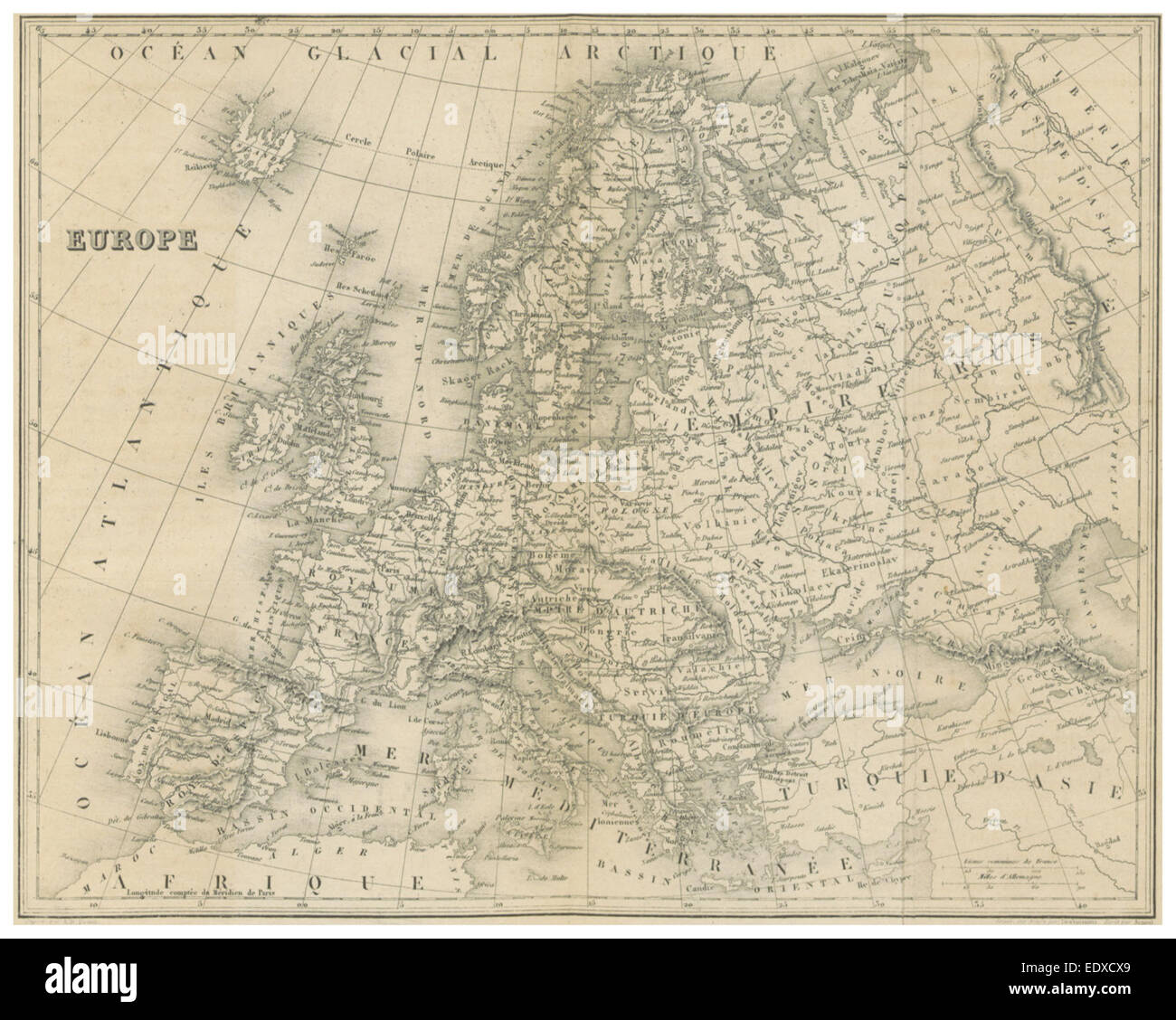Questa illustrazione del 1856 di Malte-Brun presenta una mappa dettagliata dell'Europa, che mostra il paesaggio politico e geografico del continente durante la metà del XIX secolo. Foto Stock