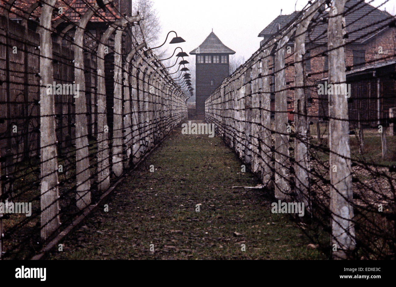 Campo di concentramento di Auschwitz, Polonia. Costruito durante la Seconda Guerra Mondiale. Oltre un milione di prigionieri, 90% ebrei con molti altri paesi sono stati sterminati dai nazisti. Il camp è stato liberato in 1945 dai sovietici. Foto Stock