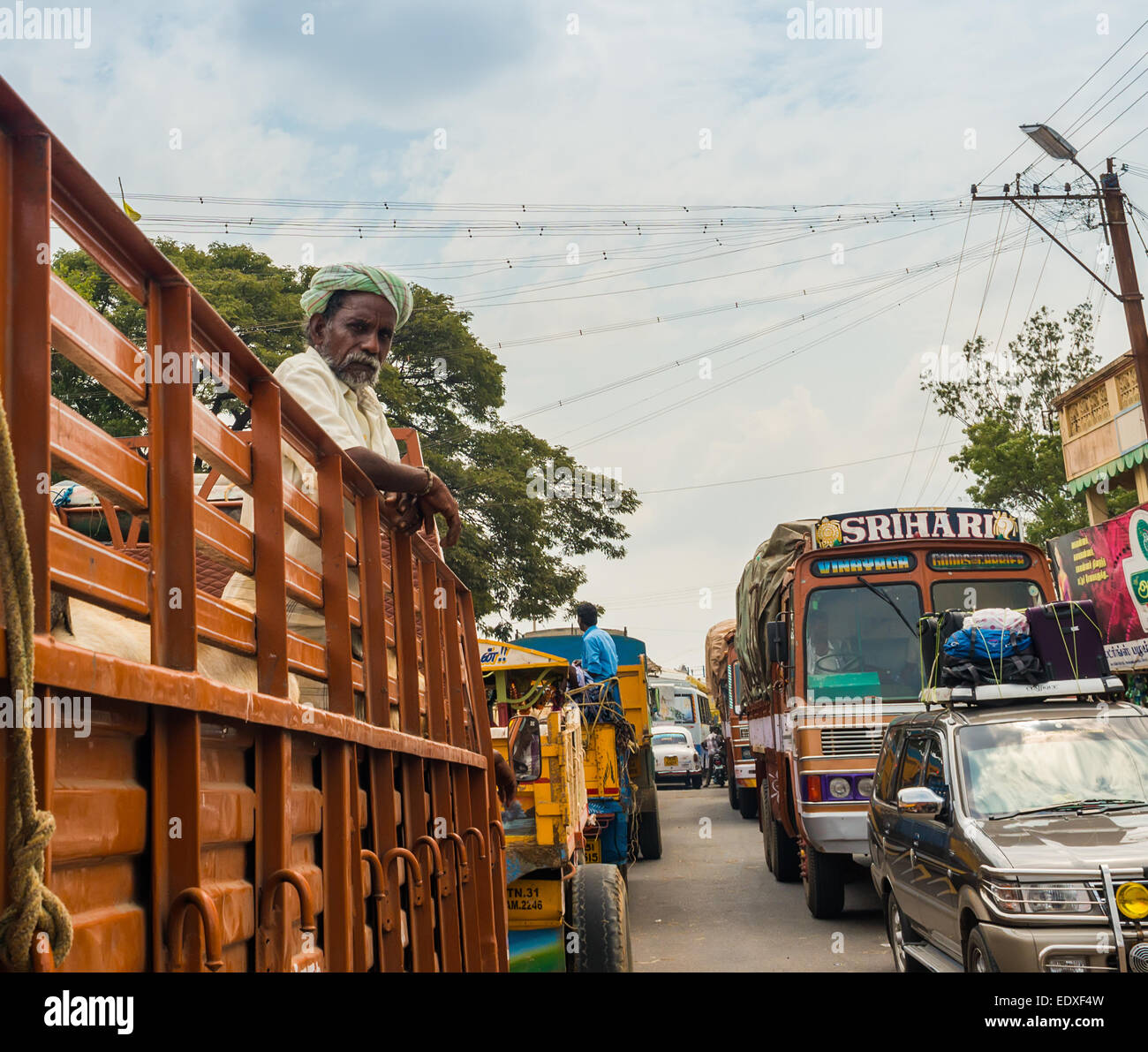THANJAVOUR, India - 13 febbraio: Un indiano non identificato l uomo sta nel carrello alla congestione del traffico stradale rurale. India, Ta Foto Stock