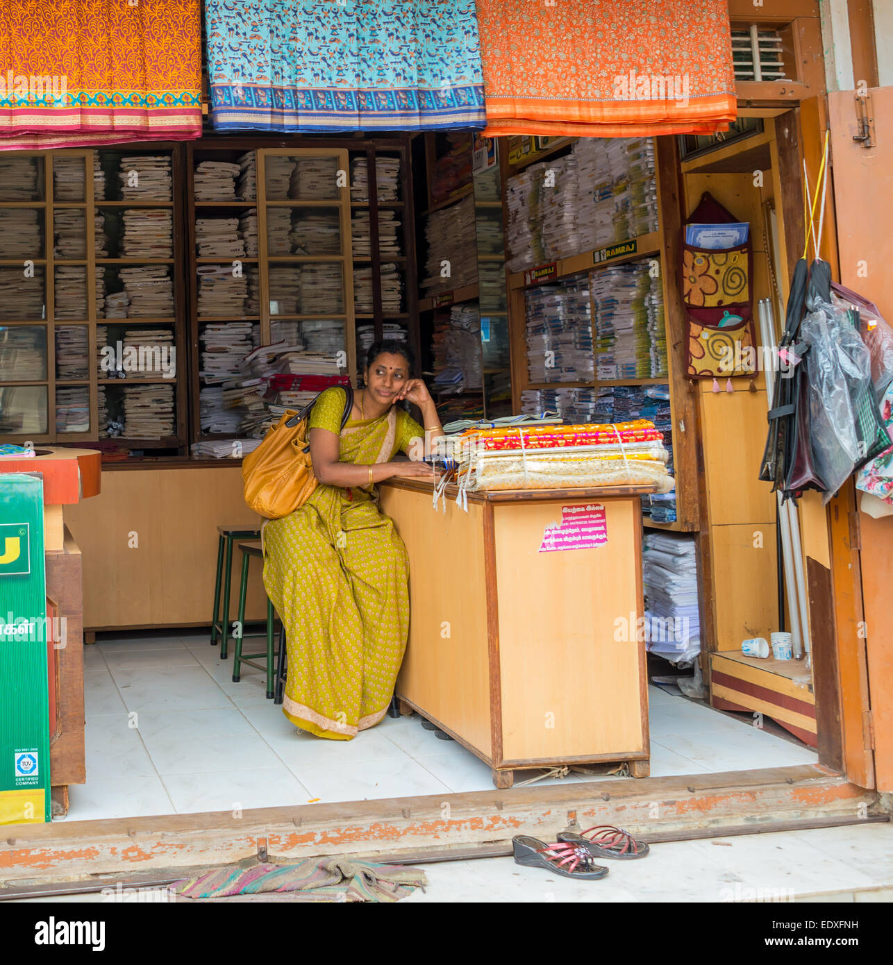 THANJAVOUR, India - 14 febbraio: una donna non identificato nel tradizionale abito indiano seduto nel negozio. India, nello Stato del Tamil Nadu, Thanj Foto Stock