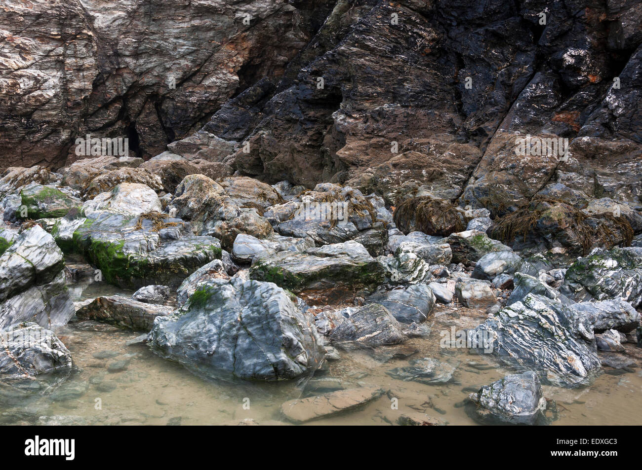 Interessante la geologia nelle rocce a Perranporth beach in Cornovaglia. Foto Stock
